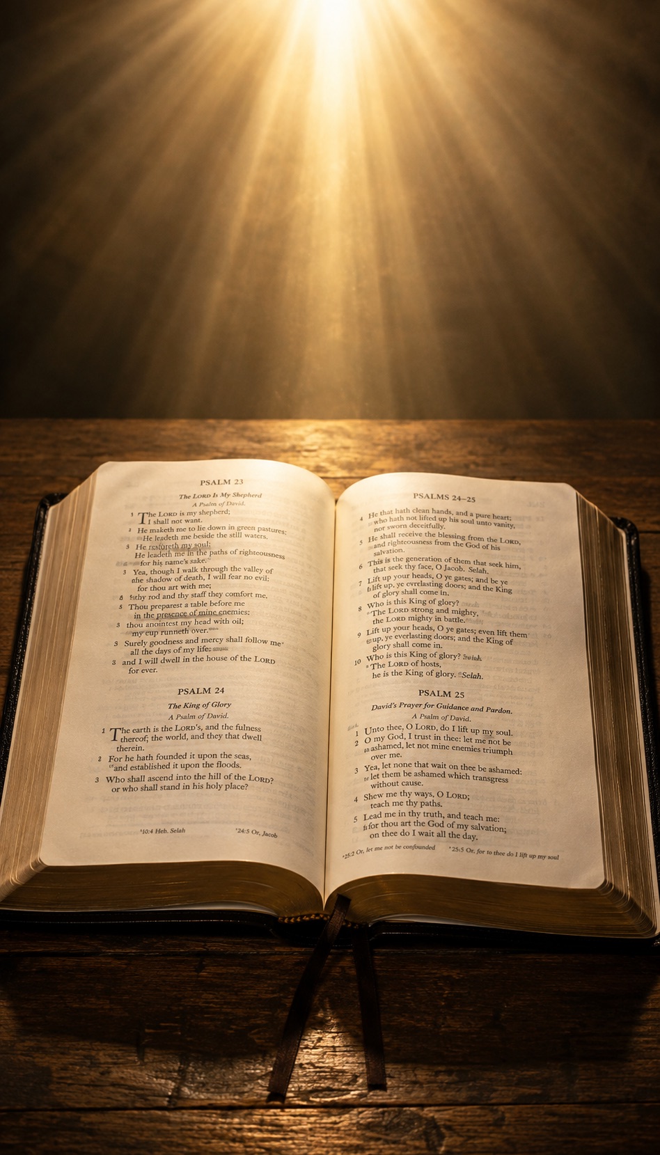 An open Bible resting on a wooden table, lit by warm light breaking through from above